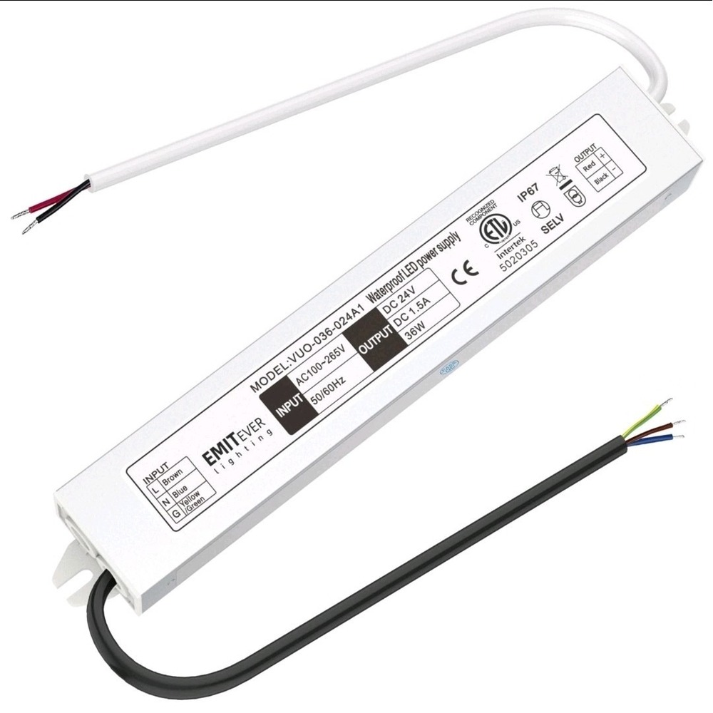 EMITEVER 24Volt LED Driver 36Watts, ETL Listed Waterproof IP67 Power Supply Low
